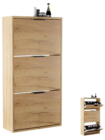 Planetmöbel Schuhschrank schmal mit 3 Klappen platzsparender Schuhregal mit 6 Ablagen, Schuhkommode für Diele, Flur, Garderobe 60 x 23 x 118 cm, Gold Eiche