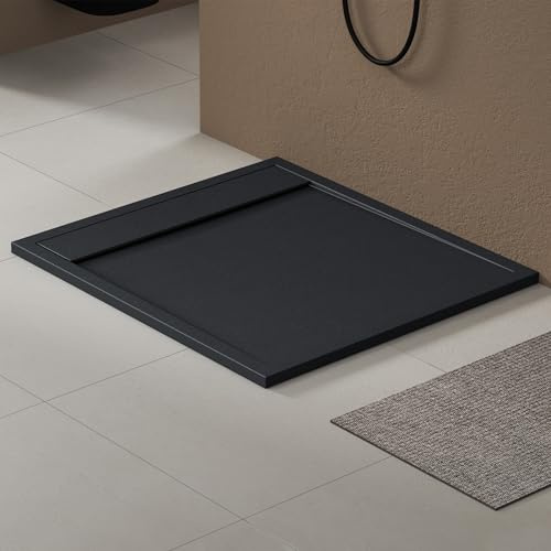 doporro Duschtasse Duschwanne 90x100x3cm aus Mineralguss in Anthrazit | Rechteckig Duschwanne für bodenebene Montage mit DIN-Anschlüssen – stabil & pflegeleicht für moderne Duschen Geoma10