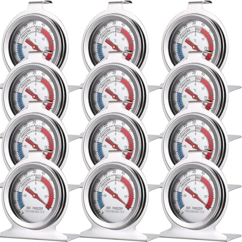 12 Pack Fridge Thermometers, Stainless Steel Fridge Freezer Thermometer | Refrigerator Temperature with Large Dial, Hanging Hook and Stand, -30°C to 30°C