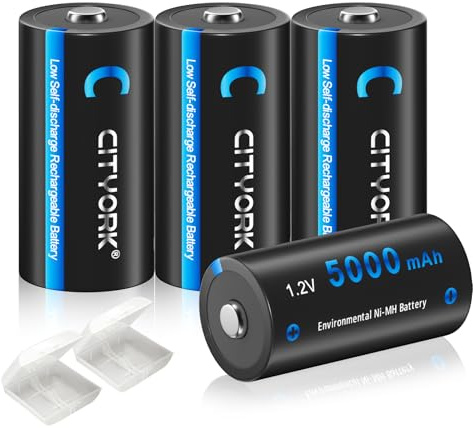 CITYORK Rechargeable C Size Batteries, Ni-MH C Cell 5000mAh Batteries with Storage Cases (4 Pack)