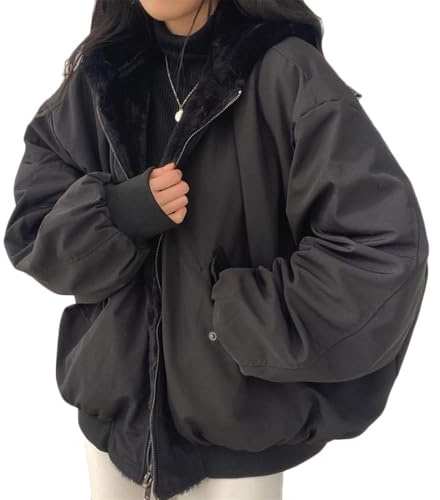 Generisk vinterkappa damer vinterjacka damer vinterrock på båda sidor parkas med päls huva varm fleece fodrad dubbelsidig vinterkappa vändjacka damer, svart, XXL