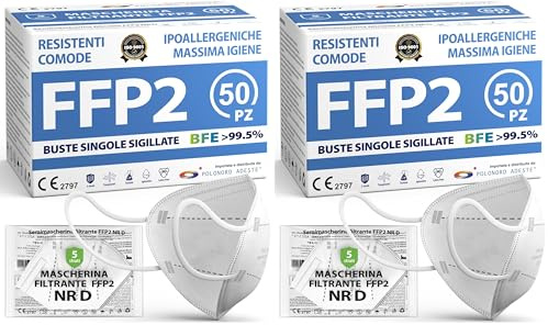 ADESTE – 50 Mascarillas FFP2 NR D Blancas con Certificado CE, cadena controlada, elásticos cómodos, hipoalergénicos y regulables. Seguras: potencia de filtrado BFE >99,5%. Sobres individuales sellados