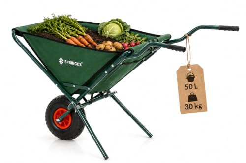 Carrello da giardino pieghevole da 50 l, con pneumatici ad aria, carrello da trasporto in tessuto Oxford, telaio in acciaio, scomparti per attrezzi, carrello pieghevole per giardinaggio, verde