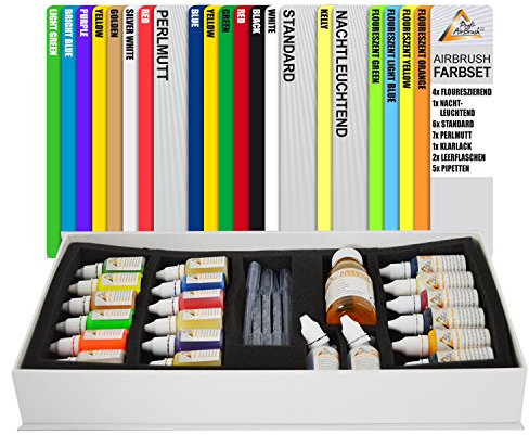 1A Profi Handels GmbH Airbrush Farbe 19er Set auf Alkoholbasis für Airbrush B-Ware Preis-Reduzierte Kompressor und Airbrushpistole für Jedes Set Geschenkverpackung