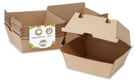 BIOZOYG Take Away Burger Box 200 pièces I boîtes à hamburgers robustes avec couvercle à charnière haute I stable To Go Burger emballage en carton brun 16,8 x 15,4 x 9,8 cm I biodégradable