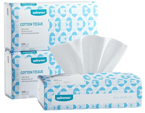 Winner Soft Face Towels, 100% USDA Biobased Facial Towels, Unscented Cotton Tissues for Sensitive Skin, Oeko-TEX Certified Face Towelettes Disposable, Makeup Remover Dry Wipes, 300 Ct, 3 Pack
