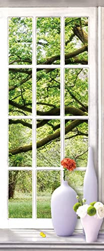 A.Monamour Türtapete Selbstklebend Türfolie Türposter 3D Grüne Bäume Wald Landschaft Durch Fenster Vinyl Folie Türdeko Tapete Wandbild Türaufkleber Türtattoo 90 x 200 cm