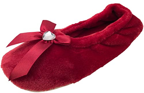 Atania Ladies Velour Ballerina Slippers with Bow Deep Red 5/6 UK