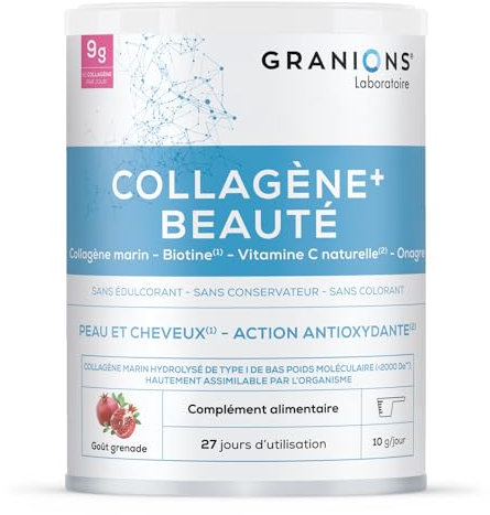 COLLAGENE +BEAUTE GRANIONS - Collagene Marin Poudre - Collagene et Acide Hyaluronique - Collagene Marin + Vitamine C + Biotine + Onagre - Beauté Peau et Cheveux - Saveur Grenade- Collagene Poudre 275g