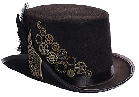 BPURB Unisex Steampunk Zylinder Halloween Hut Damen Herren Gotisch Schwarz Feder Getriebe Hüte Kopfbedeckung Kostüm Zubehör(61cm/24.02 Inches, Schwarz)