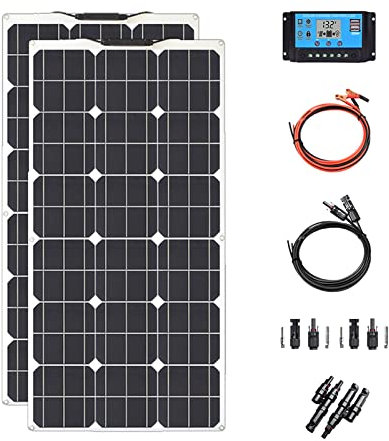 QAZNHODDS 100W 12V Kit de Panel Sola, Placa Solar de Alta Eficiencia Monocristalino Flexible Placas Solares para Casas, Caravanas, Yates o Barcos,200w