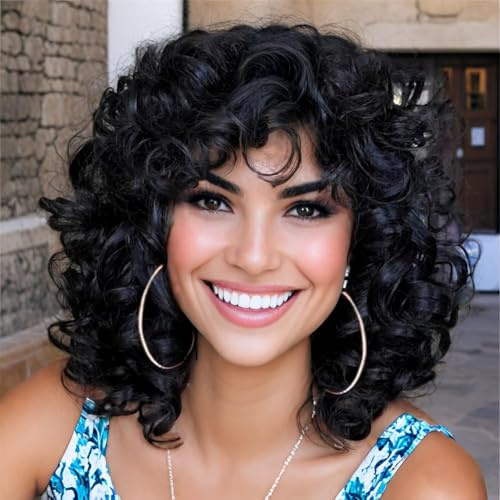 PORSMEER Afro Perücke Damen Synthetische große lockige Perücke Natürliche Haar für Frauen Herren, Kinky Curly mit Pony kurze Perücken für Schwarze Damen (Schwarz)