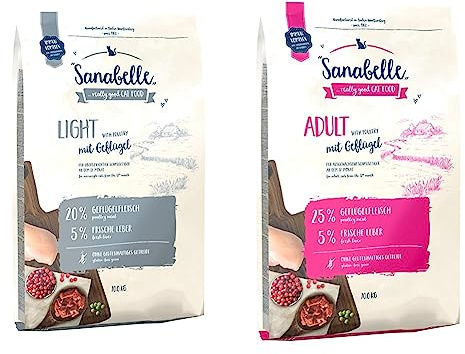 Sanabelle Light | Katzentrockenfutter mit vermindertem Energiergehalt für übergewichtige Katzen | 1 x 10 kg & Adult mit Geflügel | Katzentrockenfutter für ausgewachsene Katzen | 1 x 10 kg,