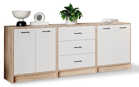 Meble Pitus Kommode Weiß Sonoma Eiche 210 cm Sideboard Wohnzimmer Set 3-teilig mit Schubladen Kommode mit Türen Sideboard Holz Schlafzimmer Kommode Flurschrank Möbel Set