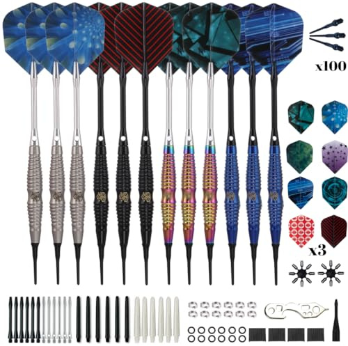 Shot Taker Co. Dartpfeile mit Kunststoffspitze, weiche Spitze, 12 Stück mit 100 extra Dartspitzen, 24 Flights, Flight-Protektoren und Schraubenschlüssel für elektronische Dartscheibe (blau-10474)