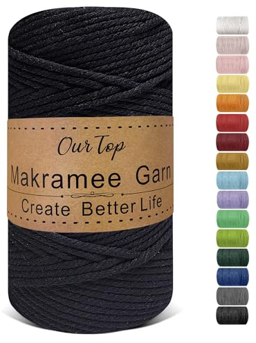 OurTop Premium makramégarn svart, 5 mm x 110 m, makramésnöre, makramérep, garn för gör-det-själv-hantverk, vävning, dekoration, hängande växt växthängare