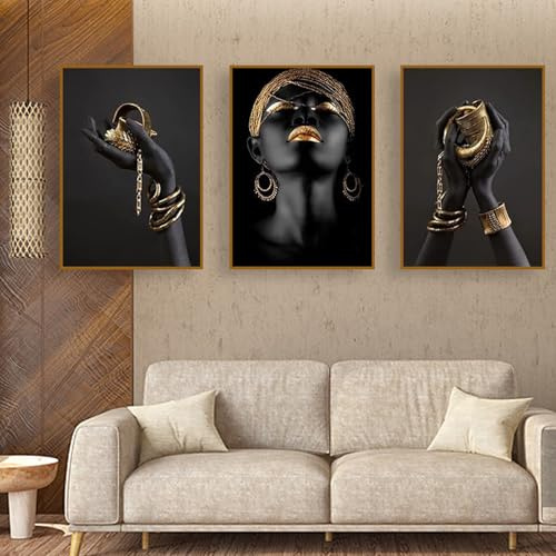 UGZDEA Afrikanische Frau Leinwand Bilder Set, Gold Schwarze Frauen Poster Modern Dekoration Poster Malerei-Ohne Rahmen (No Framed-1, 3x80x120cm)
