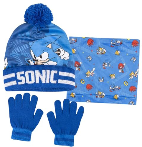 Sonic The Hedgehog Set invernale da 3 pezzi con cappello, guanti e snood con pompon, Blu/bianco., 3-10 Years