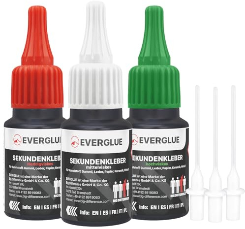 Everglue Sekundenkleber Set dünn + mittel + dick à 20g für präzises Kleben und schnelle Reparaturen - extra stark schnelltrocknend und flüssig ohne Nachtropfen Sekundenkleber extra stark