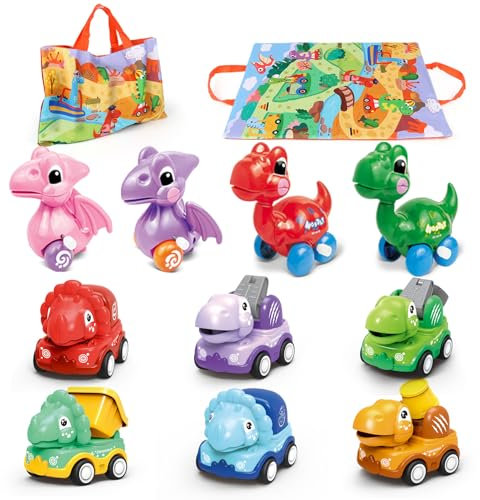 Dinosaurier Spielzeug ab 3 Jahre, 10 Stück Aufziehauto Spielzeugauto mit Spielmatte, Rückwärtsfahren und Uhrenautos, Montessori Spielzeug für Jungen Mädchen, Kleine Geschenke für Kinder ab 4-8 Jahre