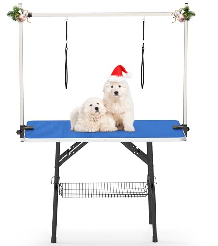 YITAHOME 42 Height Adjustable Dog/Pet Grooming Table, Foldable Grooming Table for Dogs at Home, Portable Dog Bathing Station with Arm, Non-Slip Desktop, Storage Tray& Noose, Blue