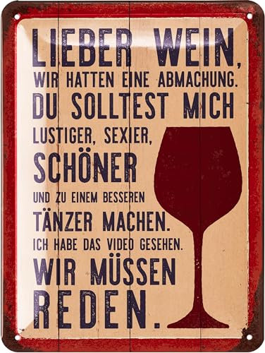 LANOLU Retro Blechschild LIEBER WEIN, WIR MÜSSEN REDEN, vintage Metallschilder mit Sprüchen, Shabby Chic Deko Küche und Garten, lustige Schilder aus Metall 15x20cm
