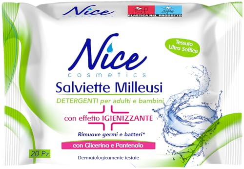 Nice Toallitas desinfectantes Milleusi – Eliminan gérmenes y bacterias – Frescas e hidratantes en la piel con glicerina y pantenol – Formato: Paquete de 20 toallitas