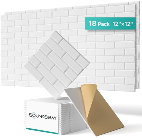 Soundsbay Brick Acoustic Wall Panels, 18 Pack Soundproofing Panels | Self-Adhesive High-Density Polyester, 17.4 sq ft Coverage, Sound Panels for Home Studio, Office, Recording Room 30x30cm White