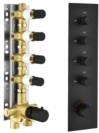 OMEKNTOP Brass Matte Black 4-Way Thermostatic Shower Diverter Valve - 4 Function Mixer with Individual On/Off Flow Control for Shower Arm & Kit