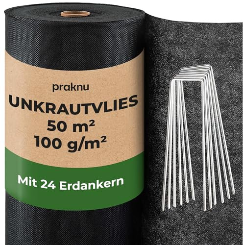 Praknu Unkrautvlies 100g/m2 Extra Stark - 50m2 - Unkrautfolie mit 24 Erdankern - Wasserdurchlässig & Reißfest - UV Stabil
