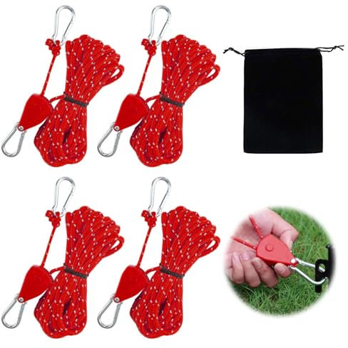 APPCXOKL 4er-Pack Seilspanner Abspannseile - 13ft Rotes Outdoor-Seilset Zeltabspannleinen, Perfekt für Camping und Outdoor-Abenteuer