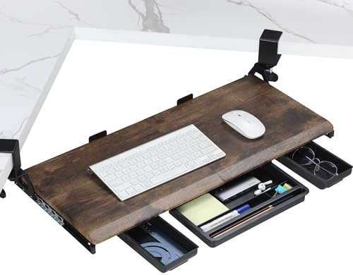 ETHU Underskrivbord tangentbordsbricka L-format skrivbord tangentbordsbricka med 45° justerbar C-klämma, smidigt glidande hörntangentbord och musbricka hemmakontor 68 cm B x 30 cm D, valnöt