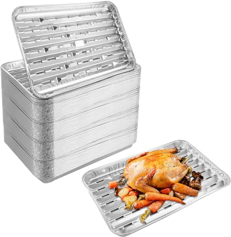 ASelected Lot de 30 plateaux en aluminium de 34 x 22 x 3,2 cm pour barbecue - Plaque de cuisson avec trous - Plateaux en feuille d'aluminium pour barbecue, rôtir, congeler, griller des récipients en