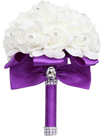 Brautstrauß mit Strass, Hochzeit Blumenstrauß Braut Brautjungfer Brautjungfern Bouquet ø18CM Blumensträusse Hochzeit Künstlich Silk Blume für Hochzeit, Fotoshooting (1-Lila,ø18x24CM)