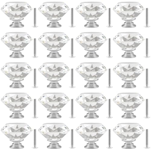 MAKTSAM 20PCS 30mm Clear Crystal Door Knobs, Crystal Door Drawer Knobs, K9 Crystal Diamond Handles for Cabinets, Drawers, Doors