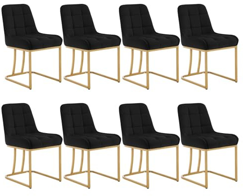 WOLTU Set med 8 moderna köksstolar, matsalsstolar med ryggstöd, utan armstöd, vadderade fåtöljer sminkstolar med gyllene metallben, sammet EZS32sz-8 svart