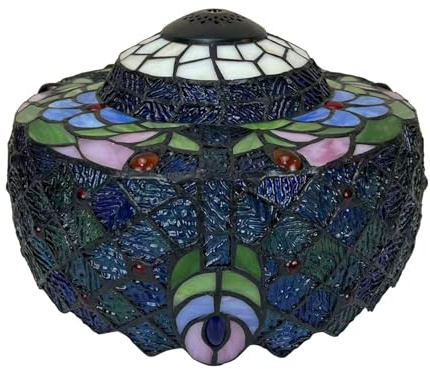 BOTOWI Tiffany Lampenschirm Ersatz, 12-Zoll Pfau Buntglas Lampenschirm, Retro Phönix Schwanz Kristallperlen Lichtabdeckung Zubehör nur für Tischlampe Hängelampen Deckenleuchte,Blau