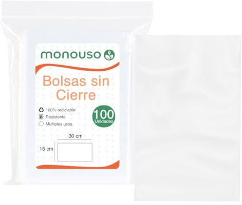 Monouso | 100 Bolsas Plástico Sin Cierre, 15x30cm, Color Transparente, Almacenimiento, Alimentos, Ferreterías, Peluquerías, Mercerías