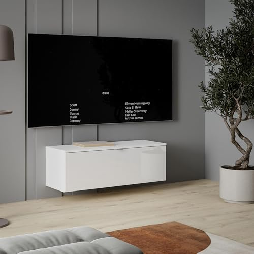 FORTE LIBERTAD moderner Fernsehtisch TV Schrank Lowboard 100 200 300 für Fernseher 55 65 80 Zoll, Wohnzimmer, hängend oder stehend, Weiß Hochglanz, 99,9 cm breit x 35,4 cm hoch x 34,8 cm tief