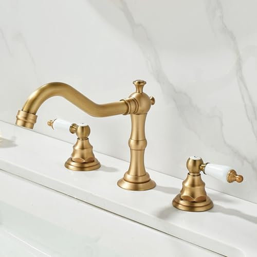 Vintage Antik Messing Badezimmer Waschtischarmatur mit Doppelhebelgriffen, 3-Loch-Installation, Warm- und Kaltwasserhahn