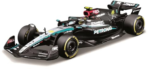 Bburago Formel 1 Mercedes-AMG Petronas F1 W15 Team (2024): Modellauto im Maßstab 1:43, mit Fahrer #44 Lewis Hamilton, Hardcase, 12,5 cm, schwarz Silber (18-38209H)