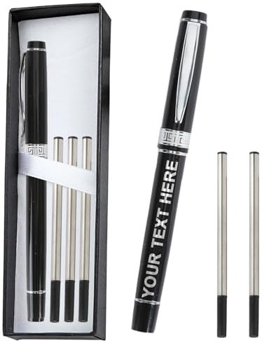 Tintenroller Personalisiert Kugelschreiber mit Gravur Tintenroller Hochwertig & 3 Stück Ersatzminen & Geschenkbox Set Rollerball Pen Dicke Mine Personalisierte Geschenke (610-Schwarz)