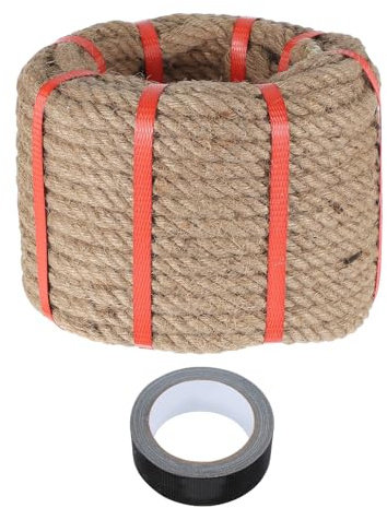 sourcing map Corda di iuta, 2 cm x 25,9 m, pesante, naturale, spessa, intrecciata, con nastro nero, per artigianato, ringhiere, banchine, tiro alla fune, altalena, paesaggistica nautica