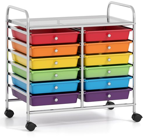 COSTWAY Rullvagn med 12 stapelbara lådor, lådvagn, rullbehållare med metallram och förvaringsyta, badrumsrullvagn, förvaringsvagn för kontor, vardagsrum, 64 x 38 x 62 cm (färgglad)