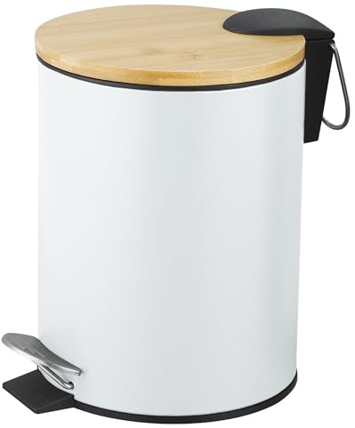 Amig - Pedalhink för badrum 3 liter mod. Naturline - Vit och bambu - Hygienisk handsfree-öppning - Ø16,8 x 23 cm - Lackerat rostfritt stål - Rund papperskorg med lufttätt lock