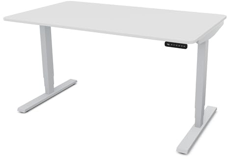 ASSMANN Höhenverstellbarer Schreibtisch elektrisch, 140x80cm, TÜV-geprüft | stufenlos verstellbar mit Aufprallschutz, ergonomischer Schreibtisch Made in Germany, abgerundete Ecken, Weiß/Silber
