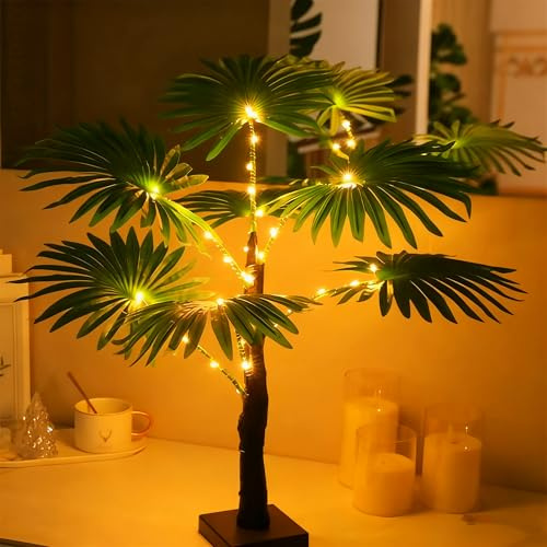 HFHungkeong LED Artificial Palm Tree Lights Decorative Table Lamps 3xAA Battery or USB Powered for Summer Party Poolside Indoor Home Fireplace Bedroom Office Decor(23.6Inch/60CM)