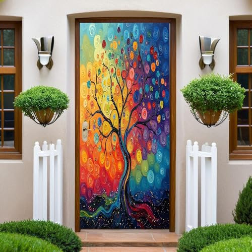 Türtapete 3D Türaufkleber Gemälde „Baum des Lebens“ Selbstklebend TürPoster DIY Wandbild PVC Türtattoos Fototapete Türfolie 95x215 cm für Wohnzimmer Schlafzimmer Küche Toilette
