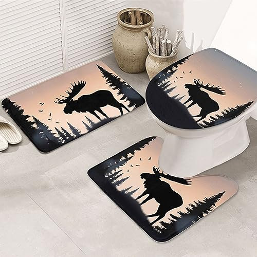 Set 3 Teilig Badvorleger Elch-Bergkiefer Bad Duschmatten Waschbar Dekorative Badgarnitur Badematten, Für Dusche, Badezimmer, Spa