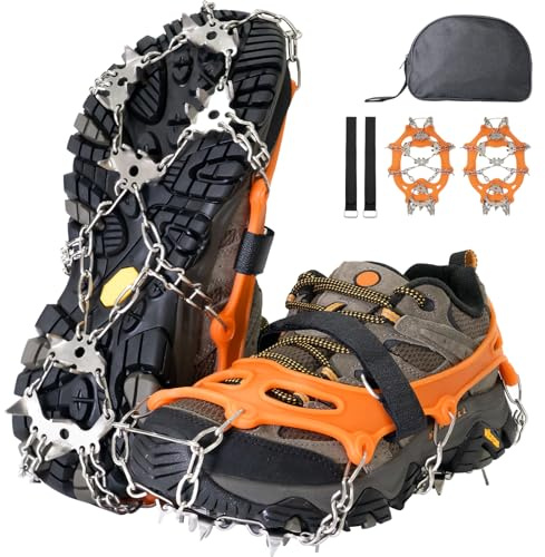 Steigeisen für Bergstiefel, 24-Zähne Edelstahl Anti-Rutsch Eiskrallen mit Verstellbaren Gurten, Ideal für Wandern, Klettern, Trekking und Winter Outdoor Aktivitäten(Orange Größe M)